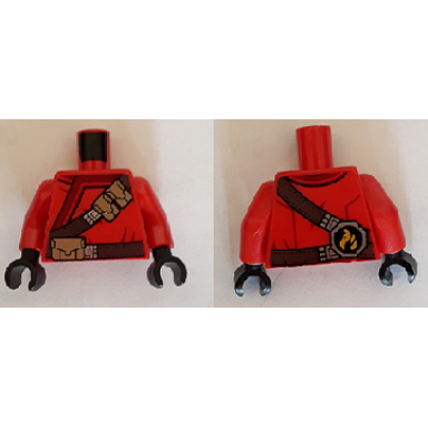 red torso ninjago robe with brown webbing silver buckles pouches and tornado pattern red arms black hands