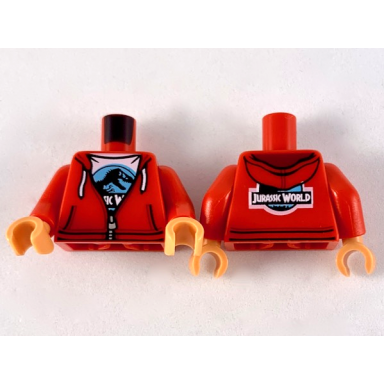 red torso hoodie with white drawstrings silver zipper and white jurassic world logo t-shirt pattern red arms nougat hands