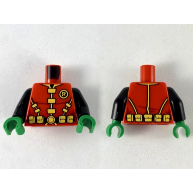 red torso armor bright light orange r in circle collar clasps and belt pouches pattern black arms green hands