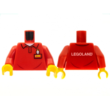 red torso polo shirt with white minifigure emblem yellow name tag and legoland on back pattern red arms yellow hands
