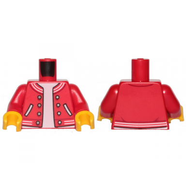 red torso letterman jacket with striped trim pockets and silver buttons over white shirt pattern red arms yellow hands