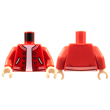 red torso letterman jacket with striped trim pockets and silver buttons over white shirt pattern red arms light nougat hands