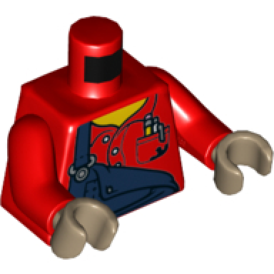 red torso dark blue overalls shirt pocket with pen and pencil pattern red arms dark tan hands
