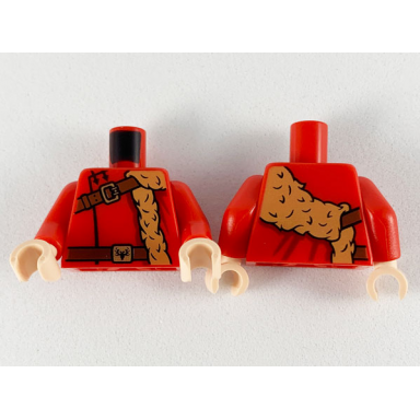 red torso medium nougat fur stole reddish brown shoulder strap and belt with gold buckles pattern red arms light nougat hands
