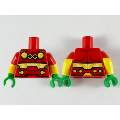 red torso 4 yellow circles and belt pattern yellow arms with molded red short sleeves pattern bright green hands