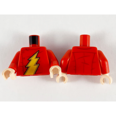 red torso super hero gold and bright light orange lightning bolt pattern flash red arms light nougat hands