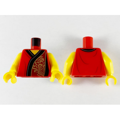 red torso robe with black hem dark red panel on left with gold lion pattern yellow arms yellow hands