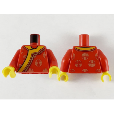 red torso changshan wide bright light orange hem and gold circle designs pattern red arms yellow hands