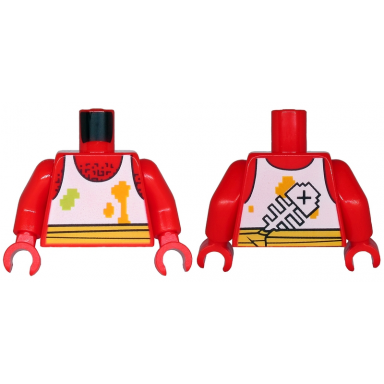 red torso white tank top with lime and bright light orange spots fish bone on back hairy chest and yellow waist sash pattern red arms red hands
