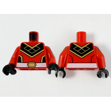red torso black chevron with gold trim and white belt pattern red arms with black and gold hexagon pattern black hands