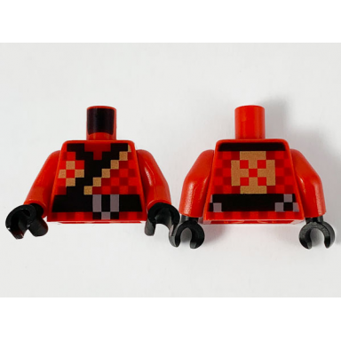 red torso pixelated ninjago robe black hem belt and gold trim pattern red arms black hands