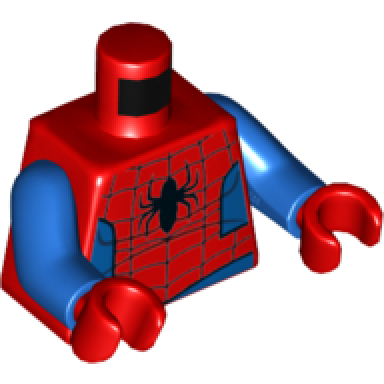 red torso spider-man costume 11 black spider dark red webbing blue vest and belt pattern blue arms red hands