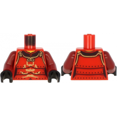 red torso samurai armor in 3 sections gold clasps and trim and horns visor and crossed swords pattern dark red arms black hands