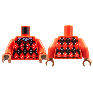 red torso knit argyle sweater medium blue shirt collar black diamonds and white stitching pattern red arms reddish brown hands