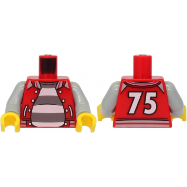 red torso open jacket with white buttons and 75 on back over dark bluish gray and white striped shirt pattern light bluish gray arms yellow hands