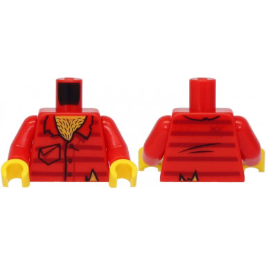 red torso worn shirt with dark red stripes and pocket hairy chest pattern red arms yellow hands
