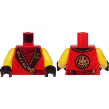 red torso ninjago robe dark red shirt wide black hems with gold characters and dragon pattern yellow arms black hands