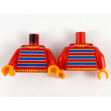 red torso sweater bright light orange collar yellow blue and white stripes pattern red arms orange hands