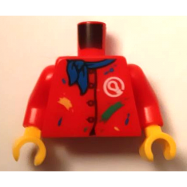 red torso artist smock with buttons paint splotches and white play day creative light bulb logo blue neckerchief pattern red arms yellow hands