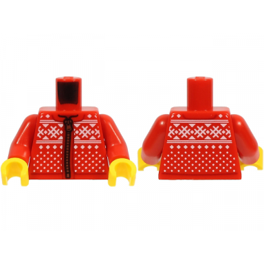 red torso winter jacket with zipper and knitted white hashmarks triangles lines and squares pattern red arms yellow hands