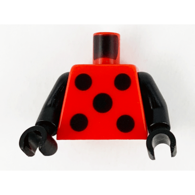 red torso with 5 black circles pattern black arms black hands