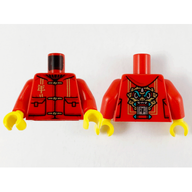 red torso tang jacket gold ties and double stripes chinese logogram å¹´ nian year and lion beast face on back pattern red arms yellow hands