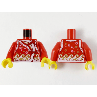 red torso qipao with white hems bright pink flowers and gold waves pattern red arms yellow hands