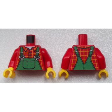 red torso overalls green bright light orange windowpane check shirt white undershirt pattern red arms yellow hands