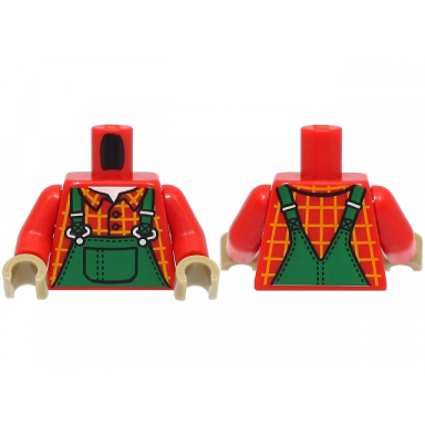red torso overalls green bright light orange windowpane check shirt white undershirt pattern red arms dark tan hands bam