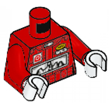 red torso racing suit with black belt mountains target and wxd pattern red arms white hands