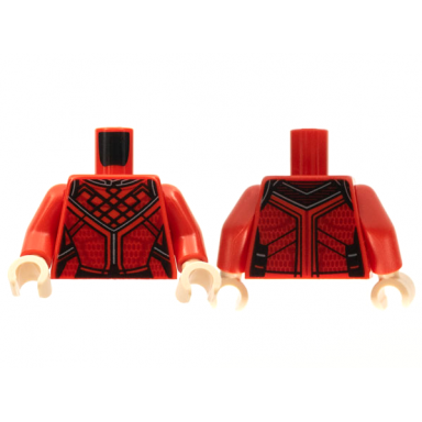 red torso tang ornate with black ribbing dark red trim pattern red arms light nougat hands