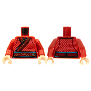 red torso cheongsam flowered hems dark pink scale pattern red arms light nougat hands