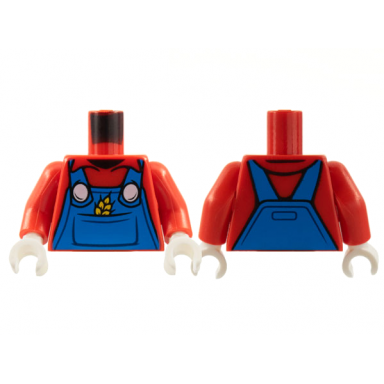 red torso overalls blue with white buttons wheat spike in pocket shirt lapels pattern red arms white hands