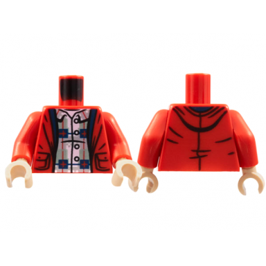 red torso jacket sand green and light bluish gray plaid shirt pattern red arms light nougat hands