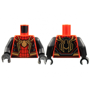 red torso spider-man costume black webbing and side panels large gold spider pattern black arms black hands