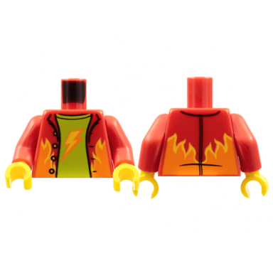 red torso jacket orange and yellow flames lime shirt lightning bolt pattern red arms yellow hands