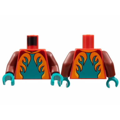 red torso racing suit dark turquoise panel orange and yellow flames pattern dark red arms dark turquoise hands