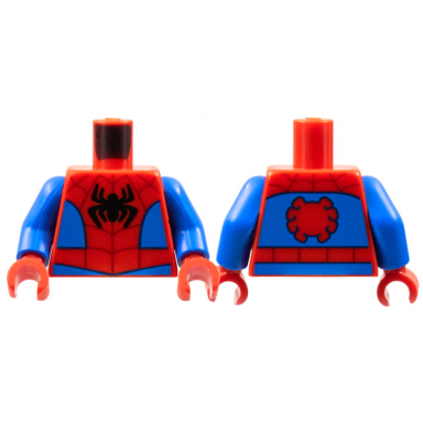 red torso black spider dark red webbing blue side panels red spider on back pattern blue arms red hands