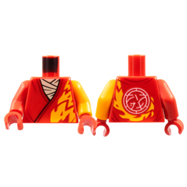 red torso tunic white scarf bright light orange flame trim core logo on back pattern bright light orange arm left red arm right red hands