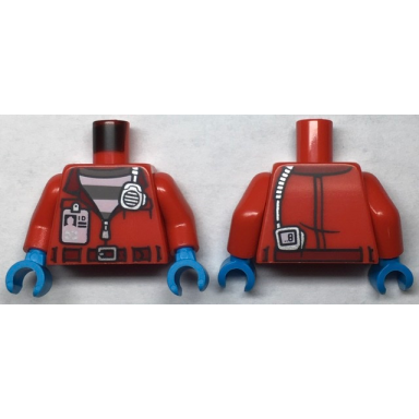 red torso town prisoner jacket with open zipper and i.d over prison stripes pattern red arms dark azure hands