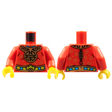 red torso large gold mantle with chinese circle belt with yellow and medium blue trim pattern red arms yellow hands