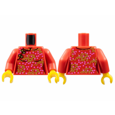 red torso dress dark pink flowers gold branches pattern bam red arms yellow hands