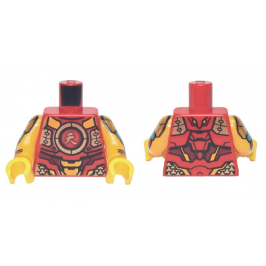 red torso armor dark red and gold plates chinese logogram å¤© sky pattern bright light orange arms with armor pattern yellow hands