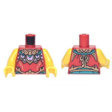 red torso robe with gold and dark turquoise collar lavender pointed scales knot on back pattern yellow arms yellow hands