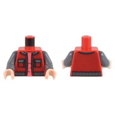 red torso jacket open with pockets and dark bluish gray collar trim and waistband over coral shirt pattern dark bluish gray arms light nougat hands