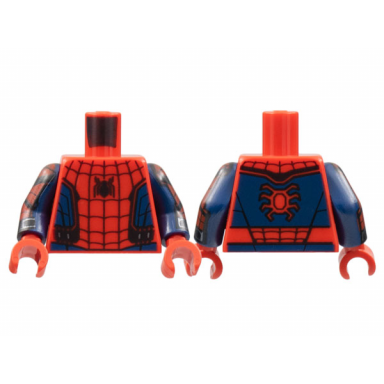 red torso black spider and webbing dark blue side panels pattern dark blue arms with red panels black chevrons pattern red hands