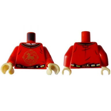 red torso shirt with black collar and belt and gold horse in circle pattern red arms tan hands
