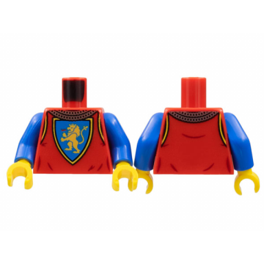 red torso castle surcoat silver chain mail collar yellow lion with raised foot on blue shield emblem pattern blue arms yellow hands