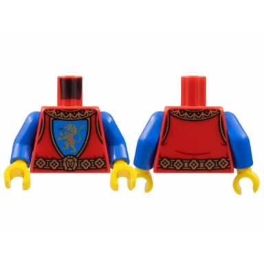 red torso castle surcoat gold collar and belt lion with raised foot on blue shield emblem pattern blue arms yellow hands