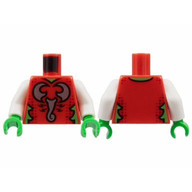 red torso silver scorpion dark red spots bright green neck and trim pattern white arms bright green hands